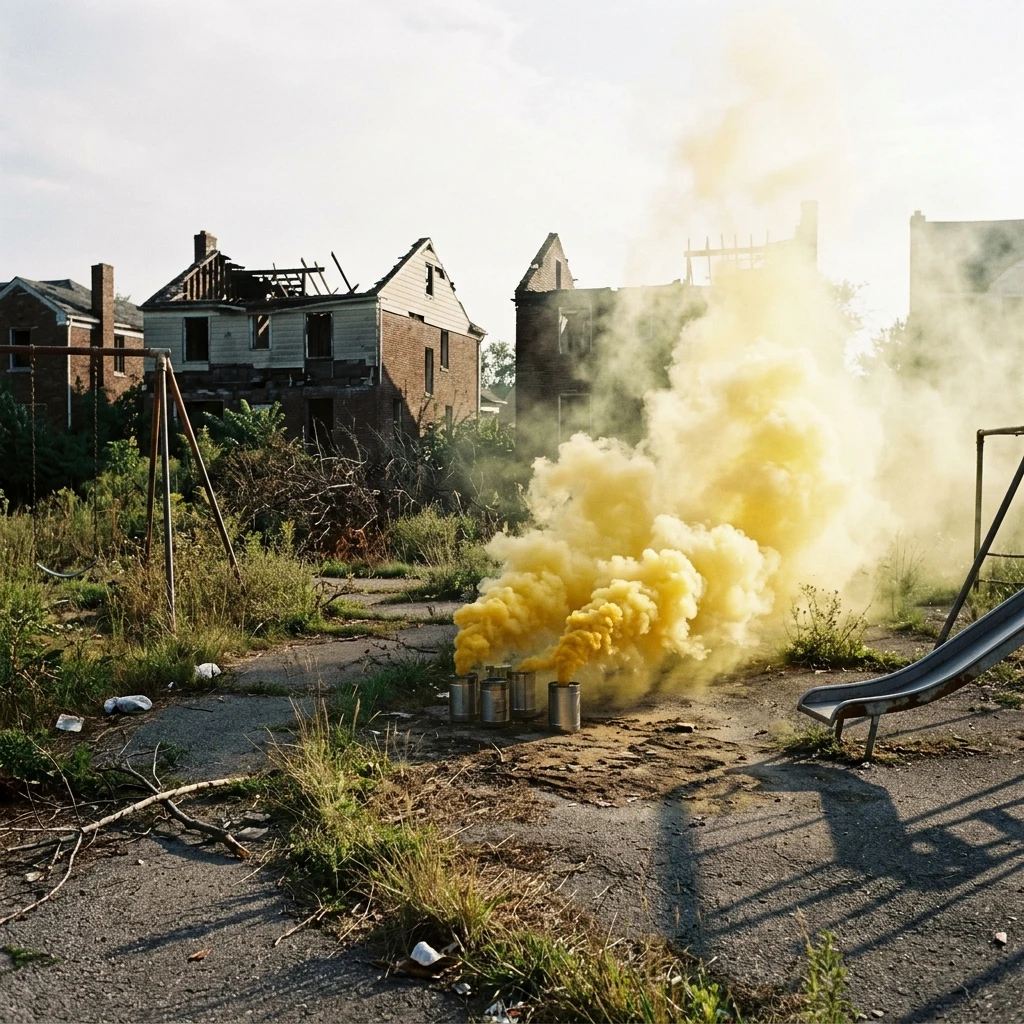A cluster of yellow smoke flares burning in an open field