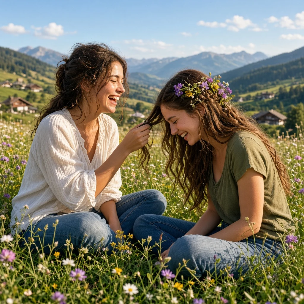 Sisters laughing together on a high pasture hillside