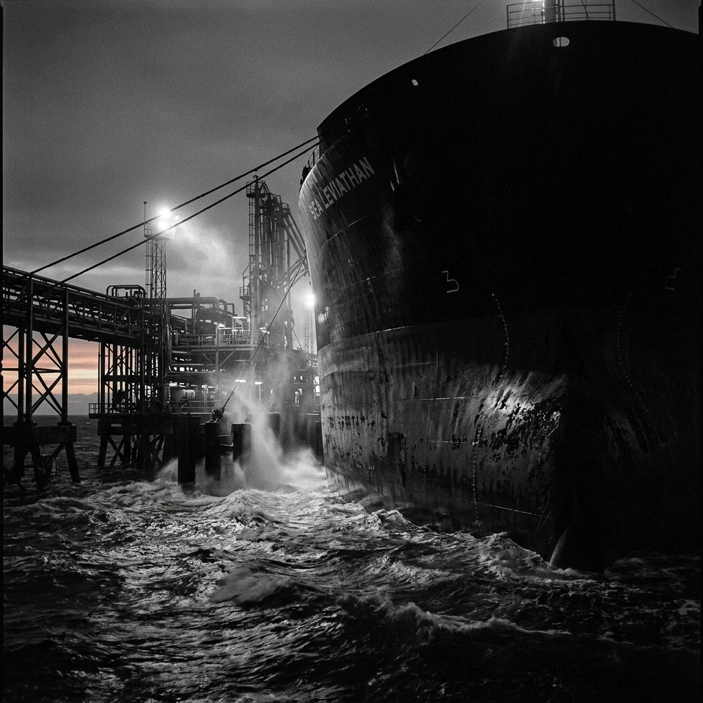 A super-tanker docked at an offshore oil terminal at dusk