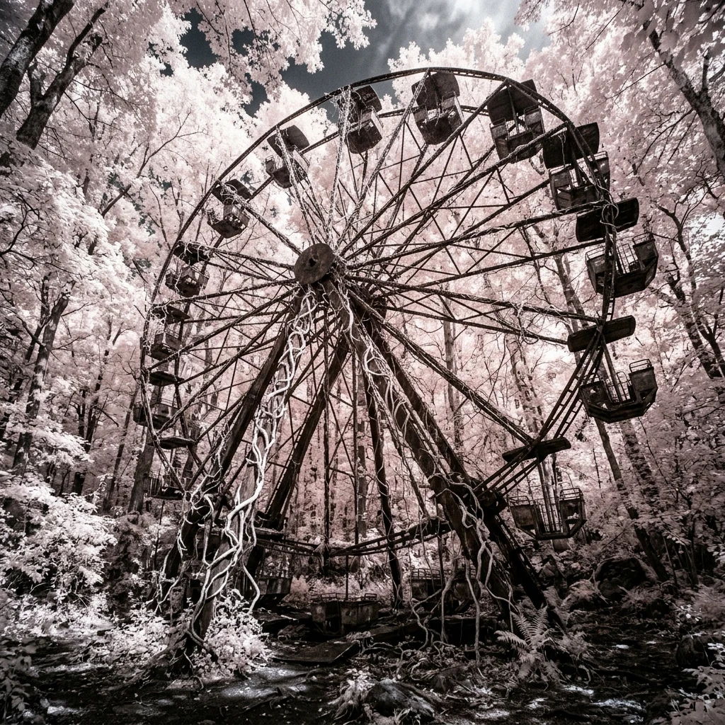 An abandoned amusement park reclaimed by forest