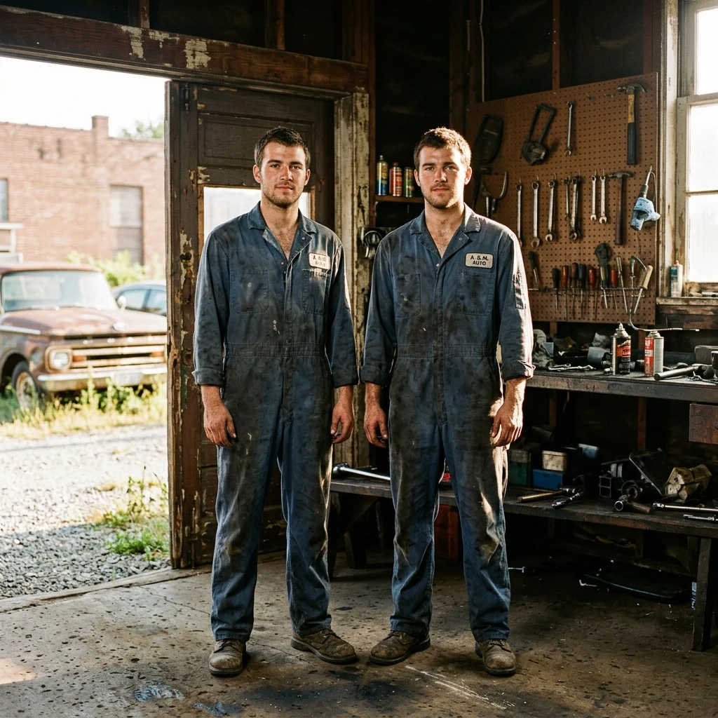 Twenty-something male identical twins dressed in matching mechanic jump suits standing in…