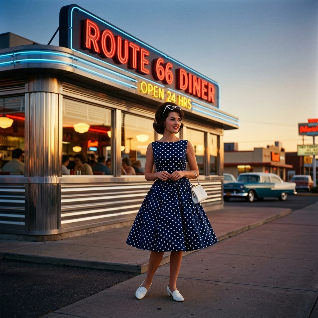 A 1950s-inspired tea-length A-line dress in navy polka dots with a petticoat underlayer