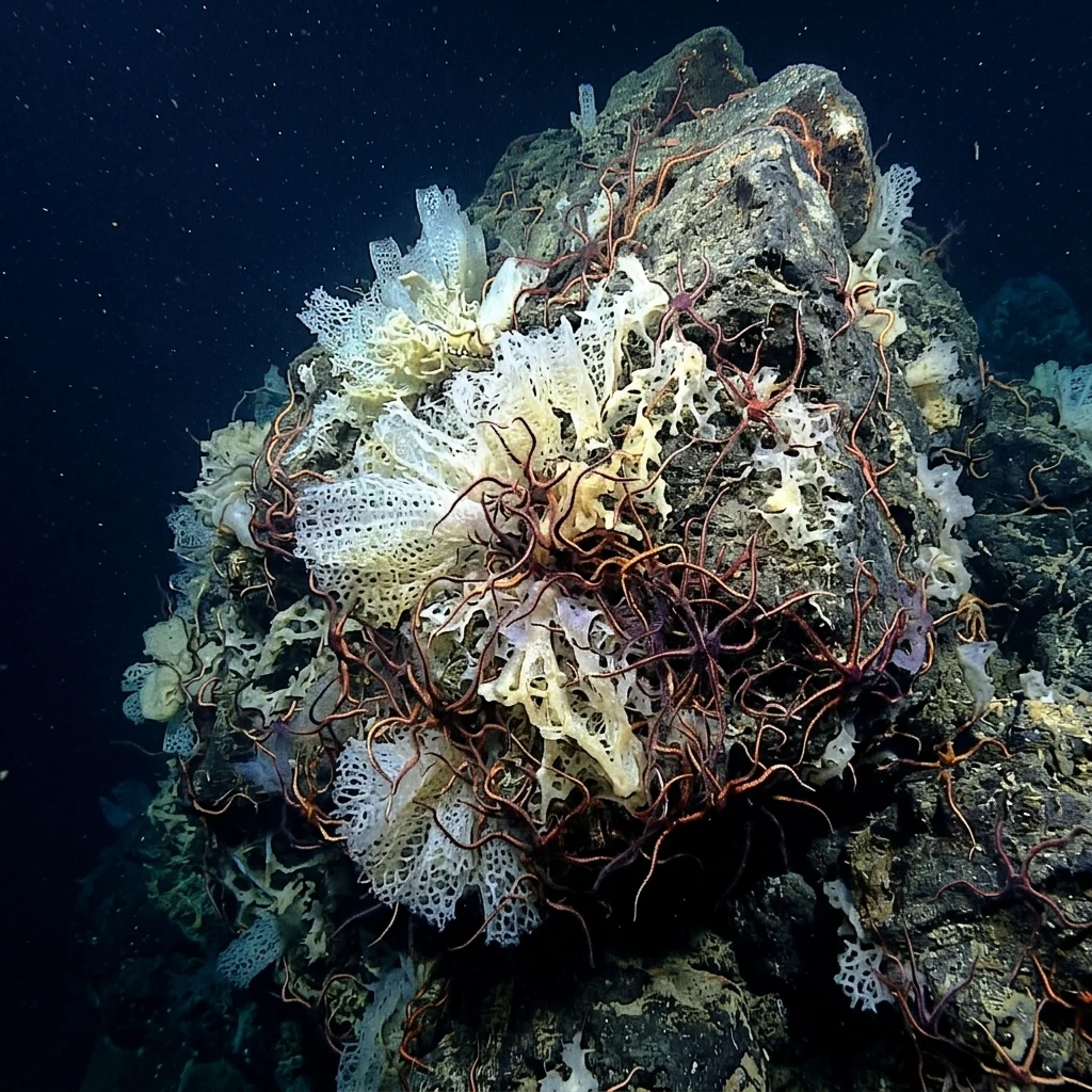 Deep sea sponges and stars on rocky outcrop