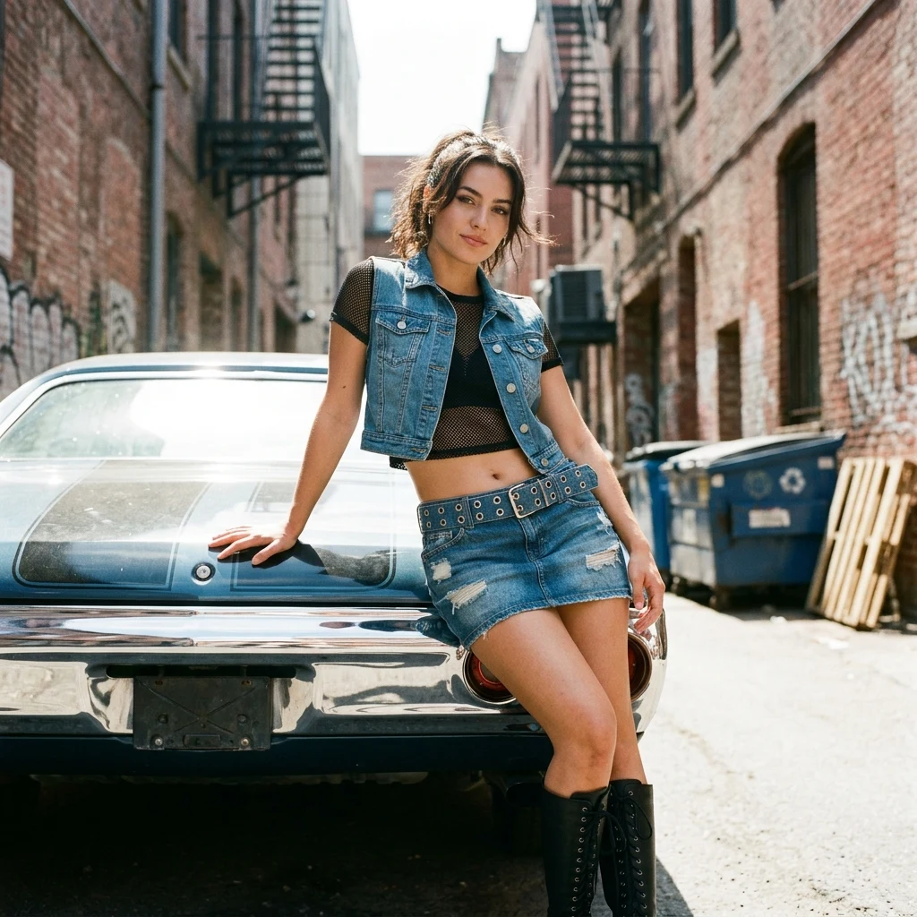 A female model in a cropped denim vest over a mesh baby tee