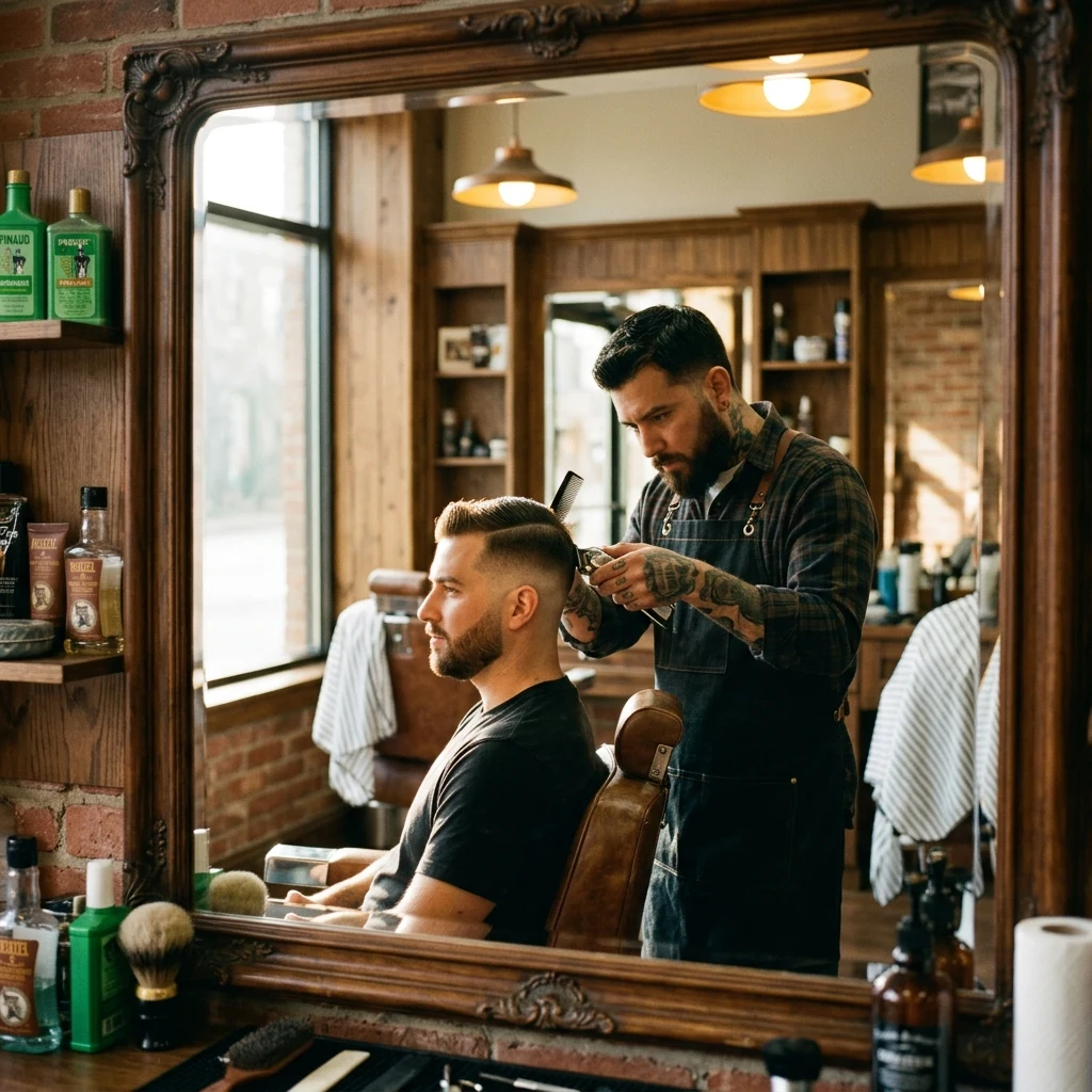 A barber mid-fade photographed through the mirror