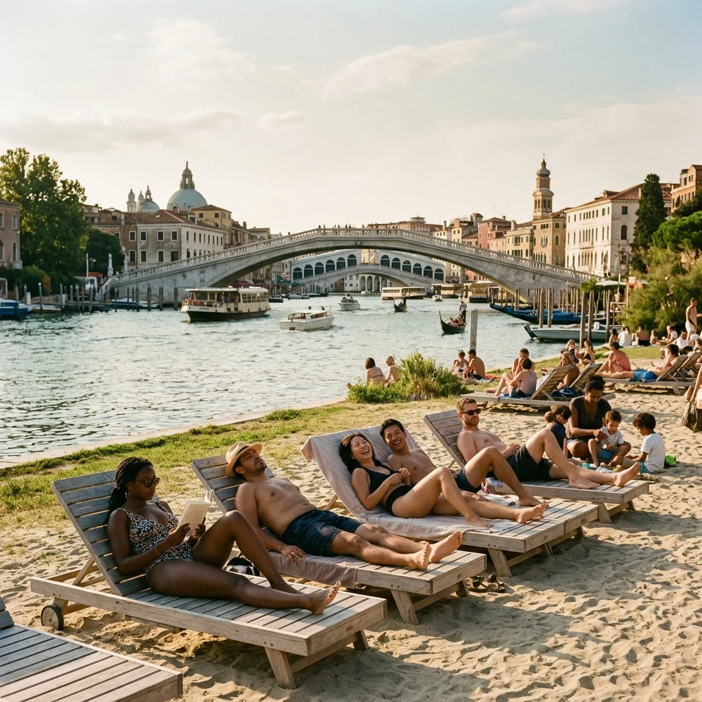 Sunbathers relaxing on the wooden decks and sandy shoreline of Hydropark in Kyiv
