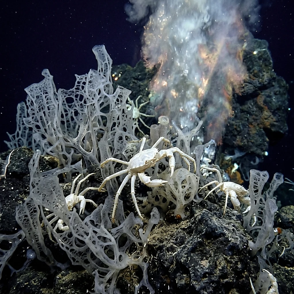 Deep sea creatures near a thermal vent