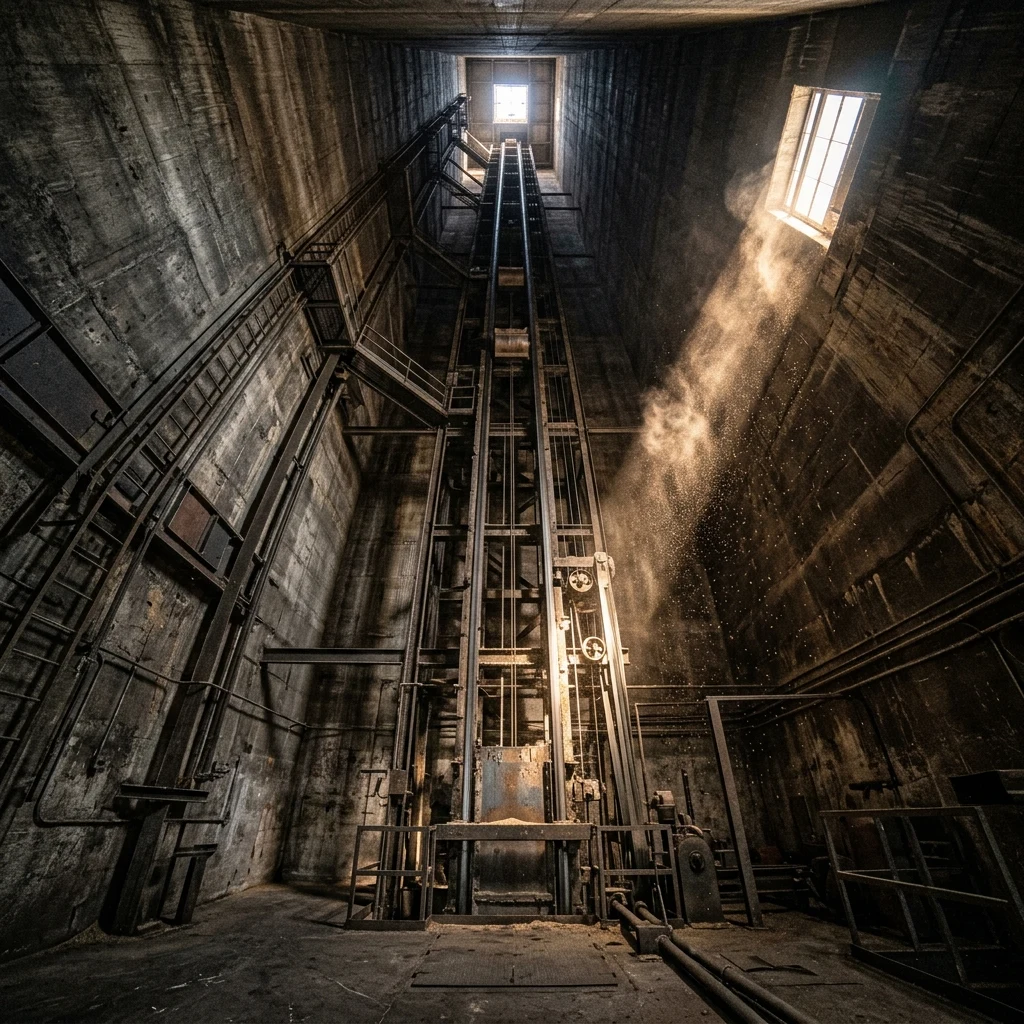 A grain elevator interior looking straight up the leg shaft