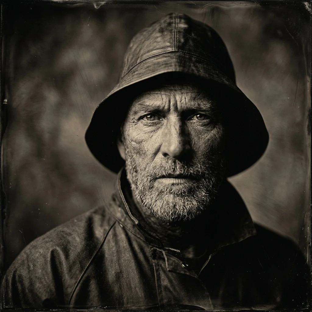 A wet-plate collodion tintype portrait of a weathered lighthouse keeper in oilskins