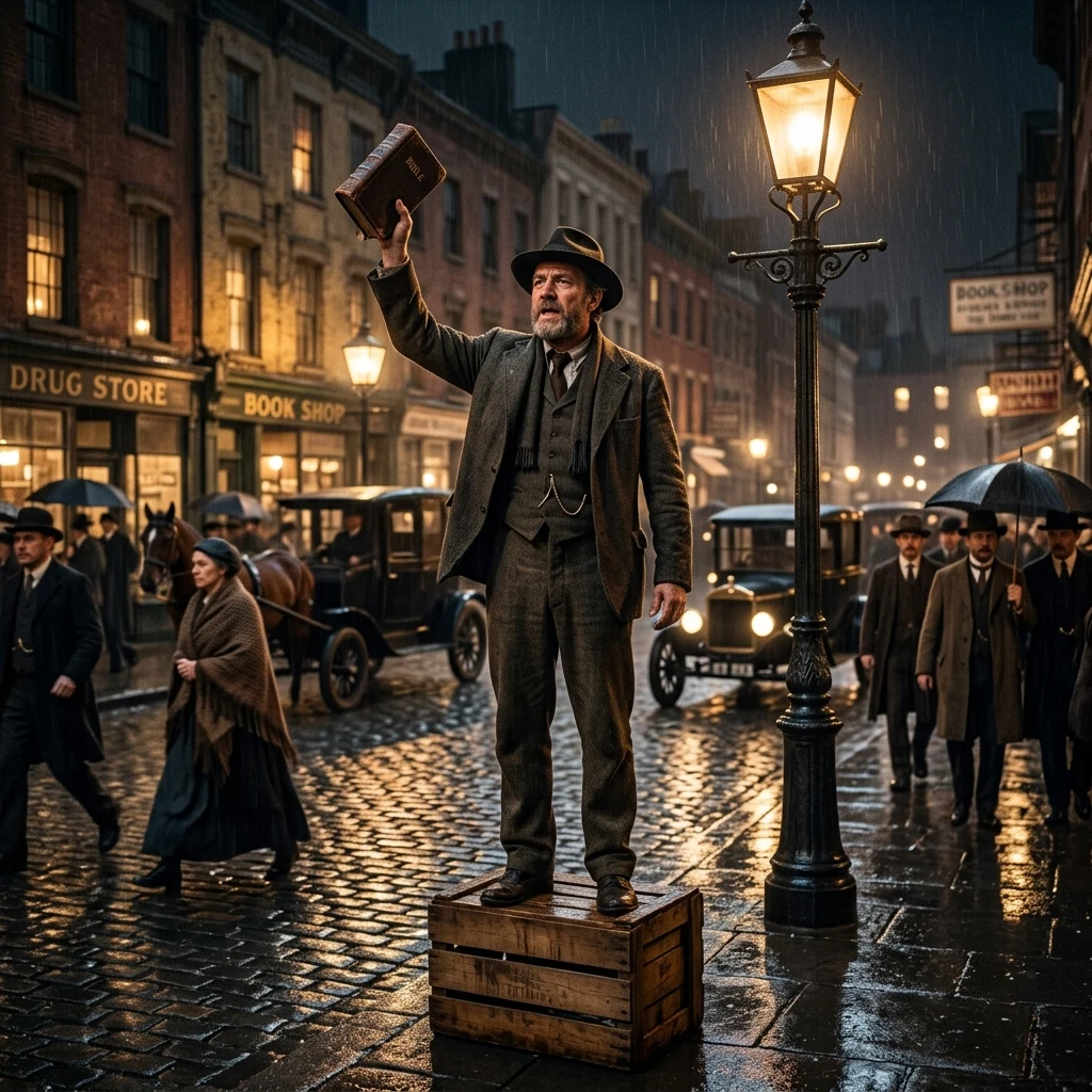An early 20th-century sidewalk evangelist standing on a wooden crate at a busy city…