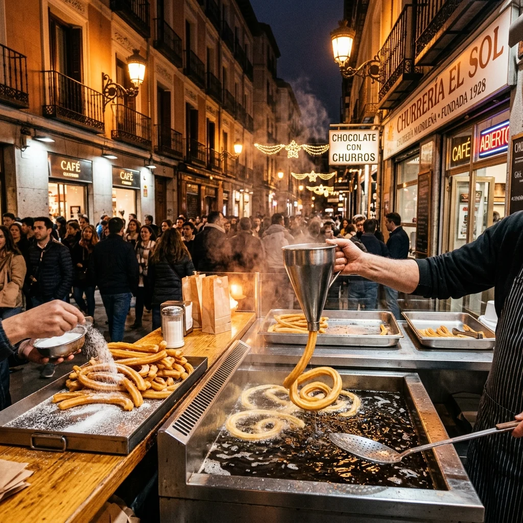 An open-air churros stand in Madrid