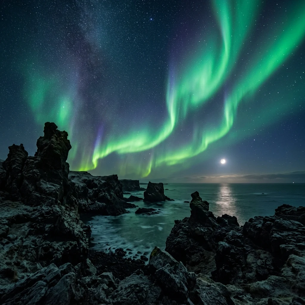 Green northern lights dancing over the rugged volcanic lava monuments along the Reykjanes…