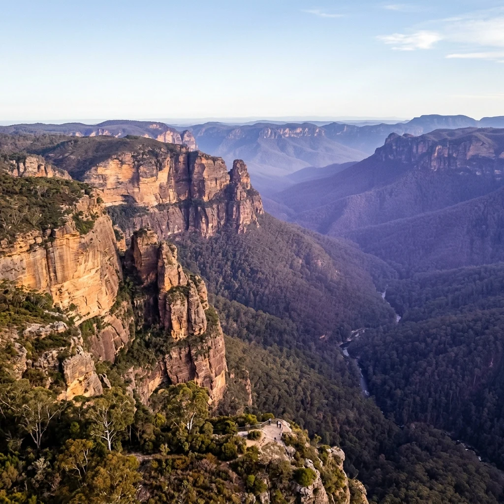 An aerial drone shot of the sheer sandstone cliffs of the Blue Mountains in the Great…