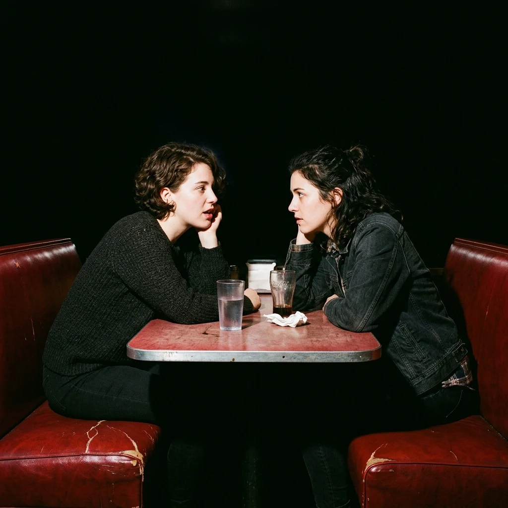 Friends talking in a red booth