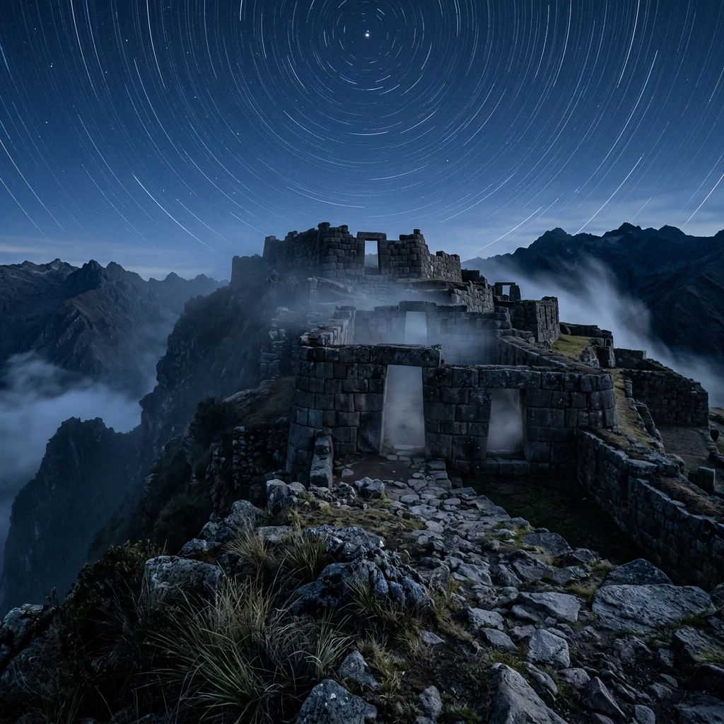 Ancient stone ruins under a starry sky