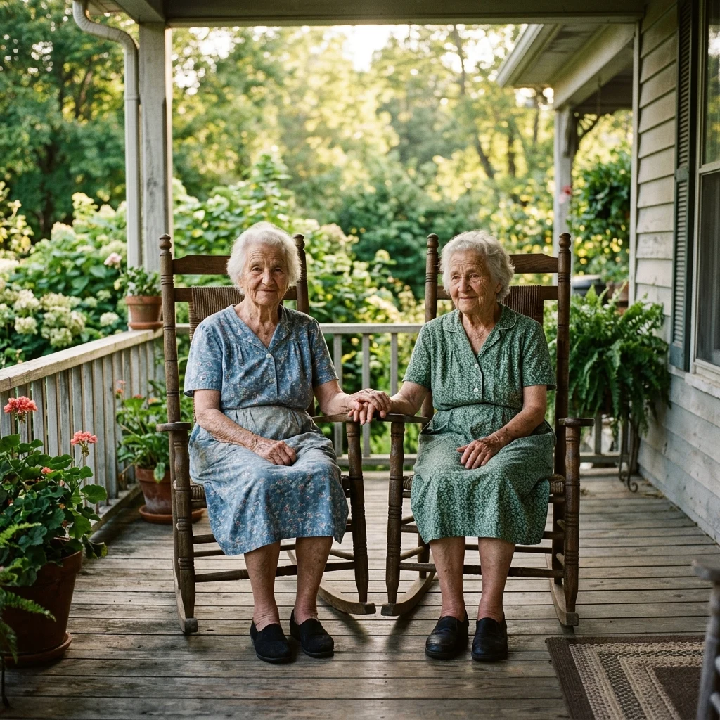 Identical female twins in their eighties holding hands while sitting in rocking chairs on…