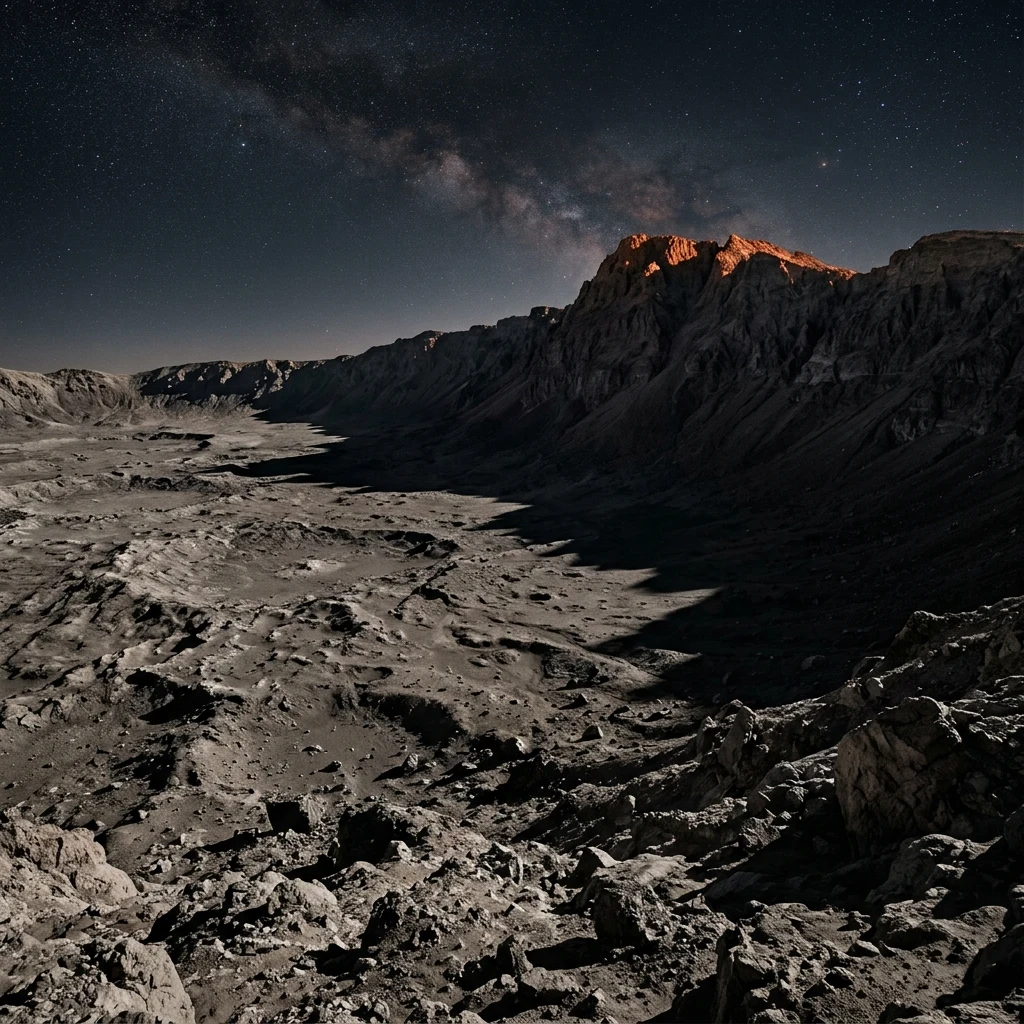 Sunrise over a rocky crater landscape