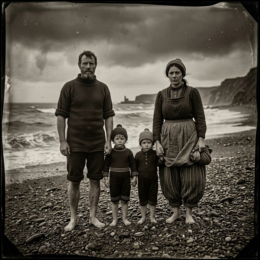 A 1900s Victorian-era family on a shingle beach