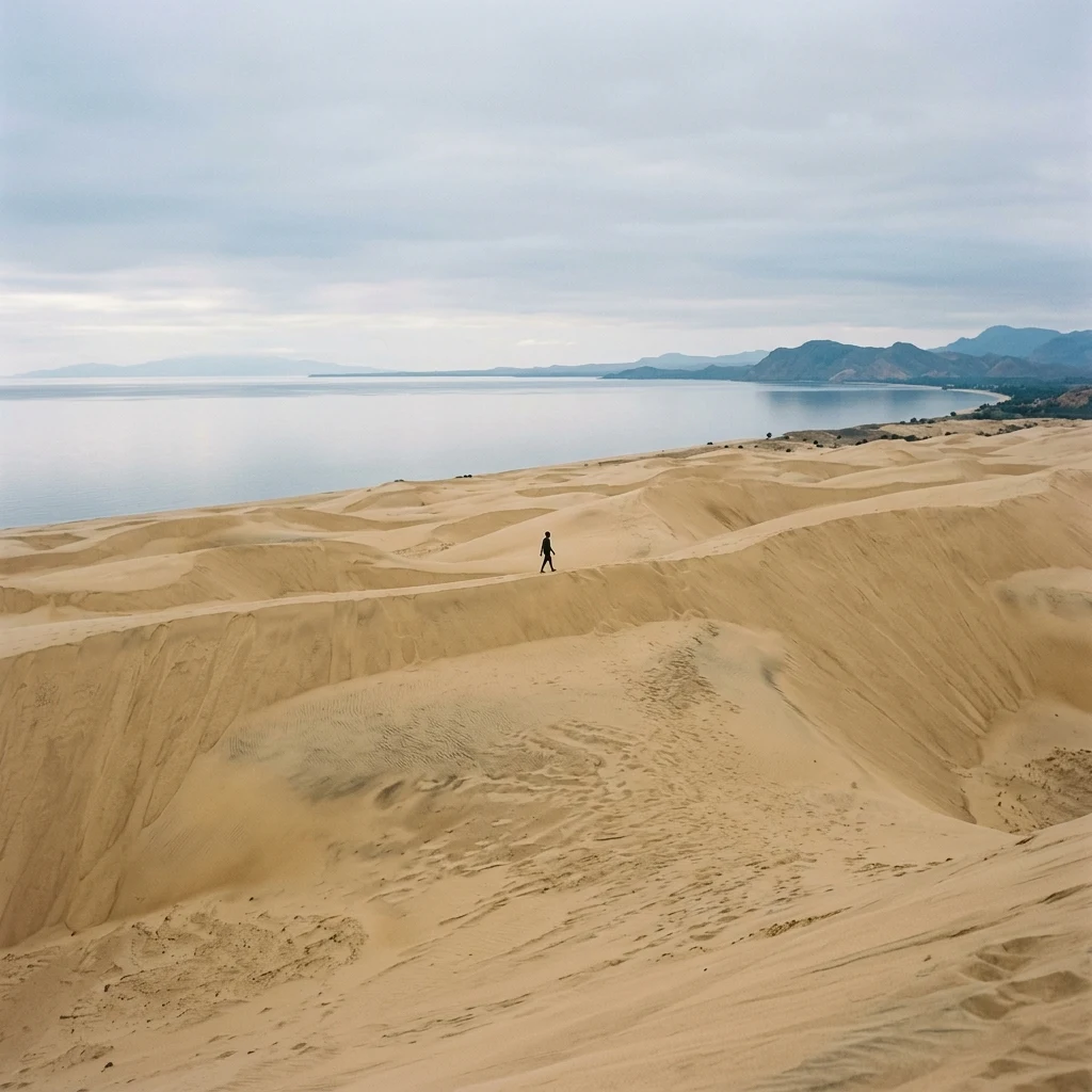 A solitary walker on the endless wind-scoured dunes of Chitimba on Lake Malawi