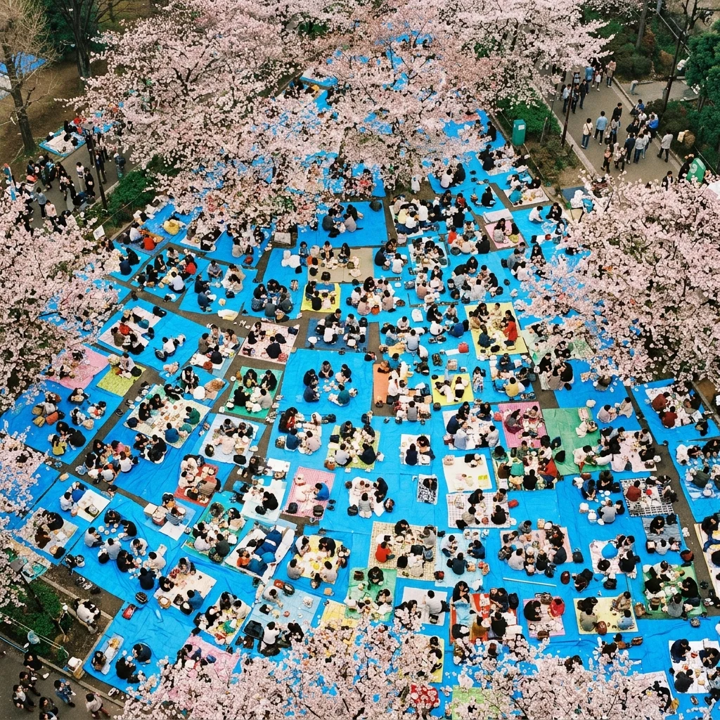 Cherry blossom picnic crowds on blue tarps in a city park
