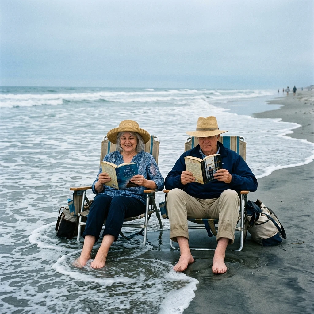 An older couple in folding chairs at the tideline under wide-brimmed hats