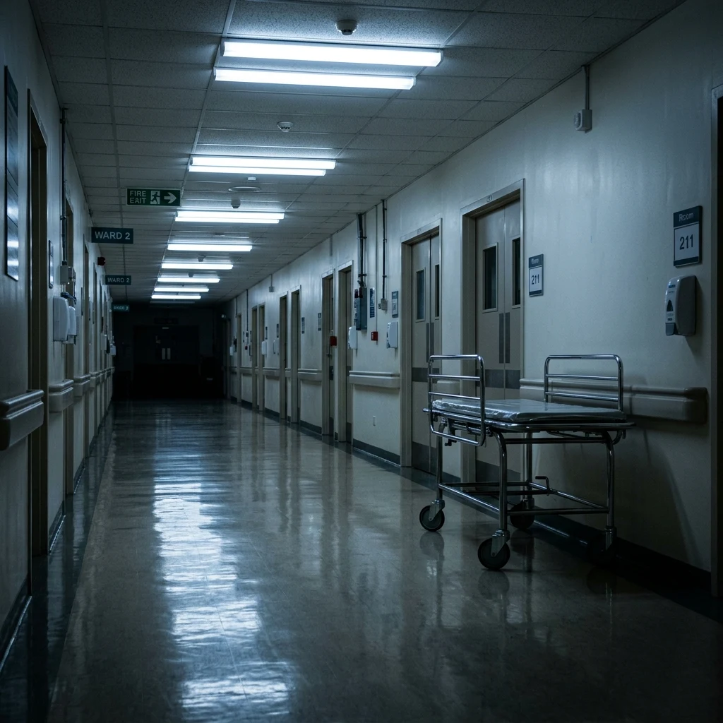 A hospital corridor at night photographed on a wide lens
