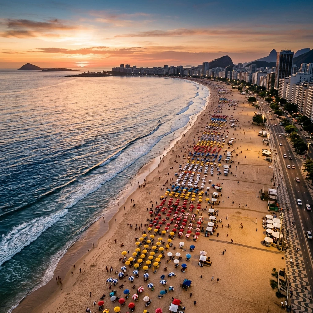 A Rio beach at sunset photographed straight down from a drone