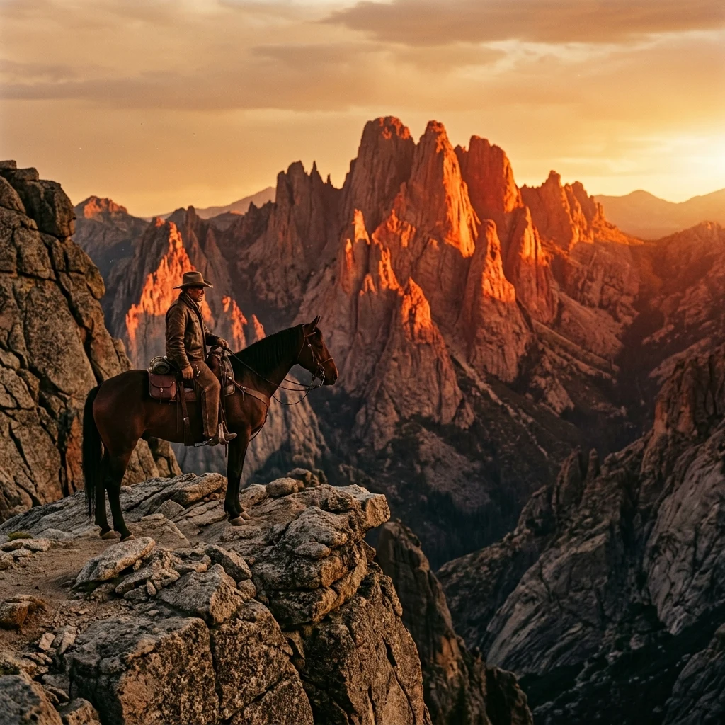 A lone horseback rider looking out over the jagged granite spires of the Cathedral Spires…