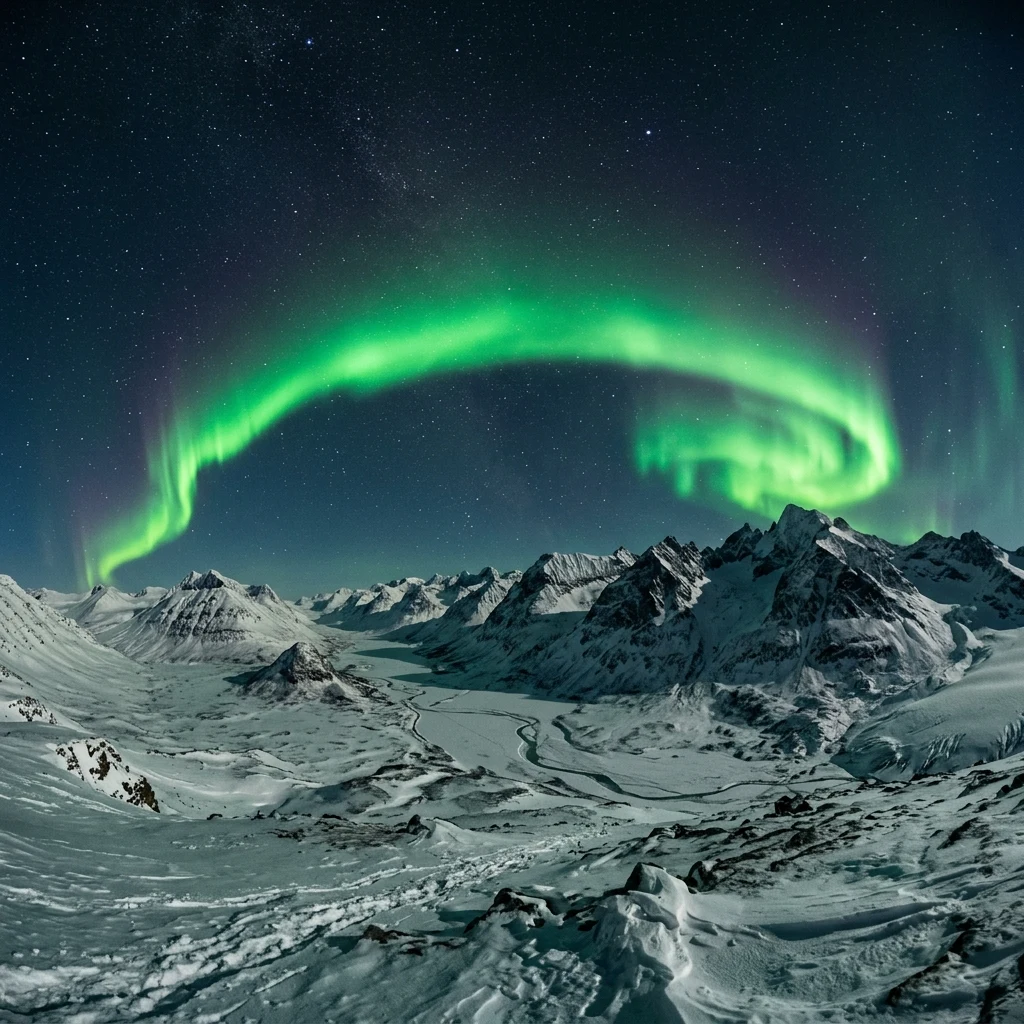 A long-exposure shot of the Northern Lights forming a green arc over the desolate