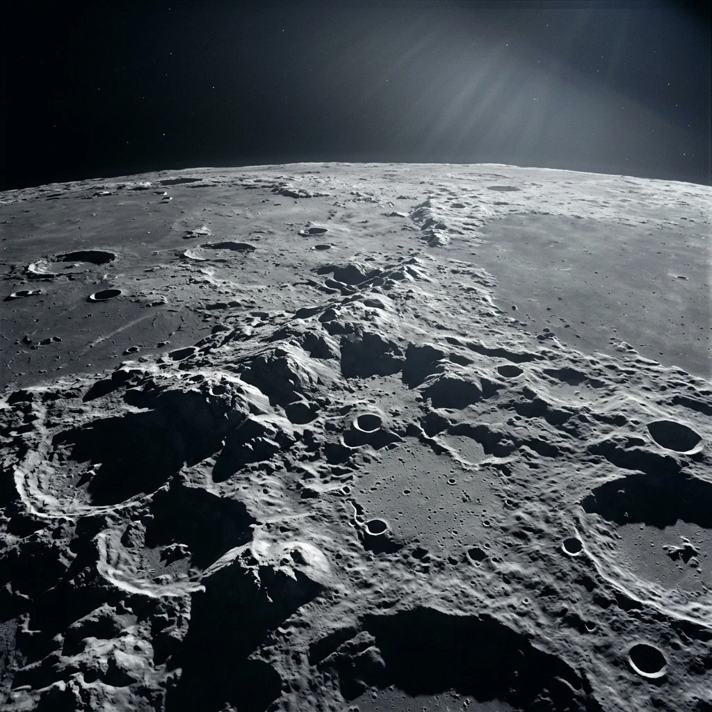 Rugged lunar mountains under morning light