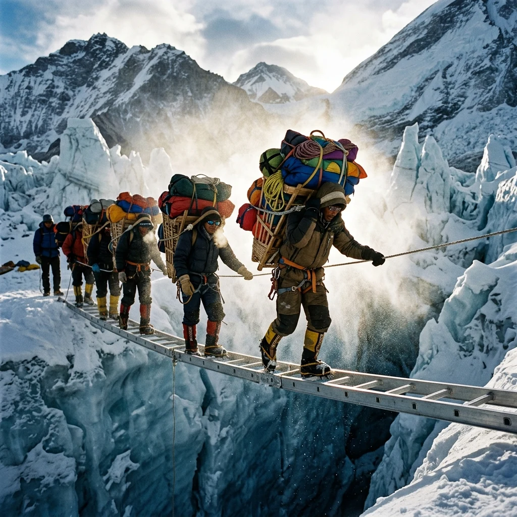 A team of Sherpas carrying heavy supply frames across a icy crevasse ladder bridge on the…