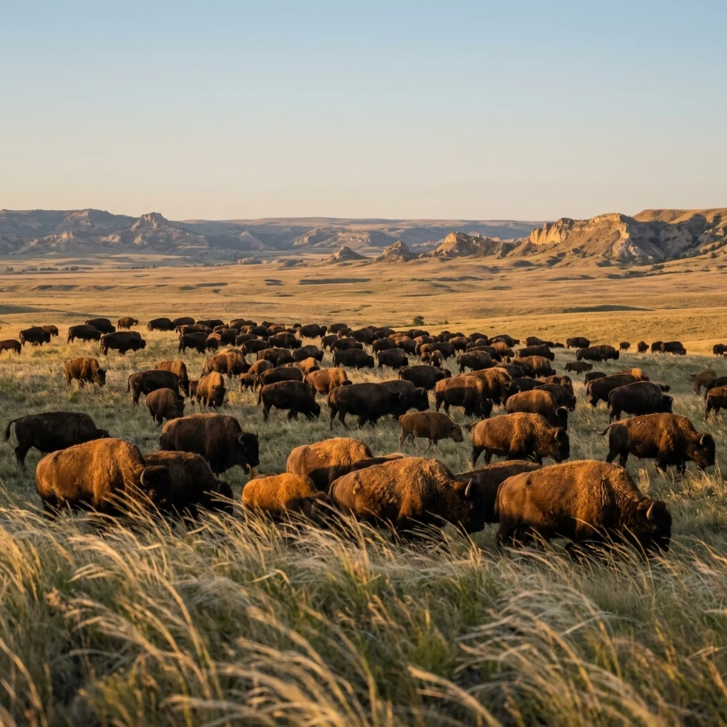 Bison herd grazing on a golden prairie