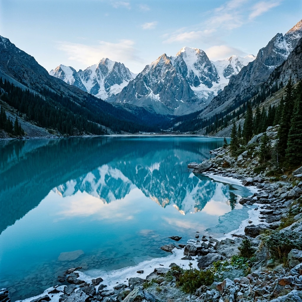 A turquoise alpine lake cradled between dense spruce forests and jagged glacier-clad…