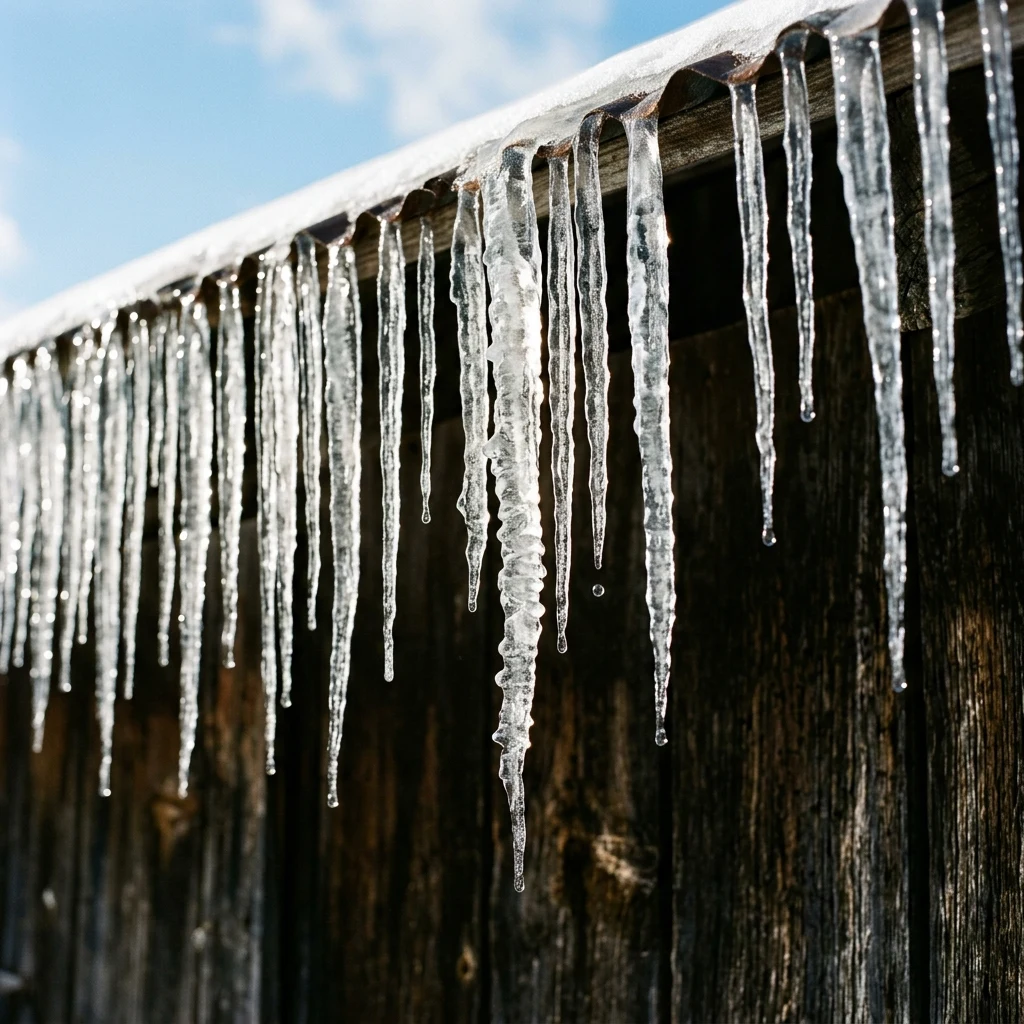 Icicles along a tin roof eave backlit at midday