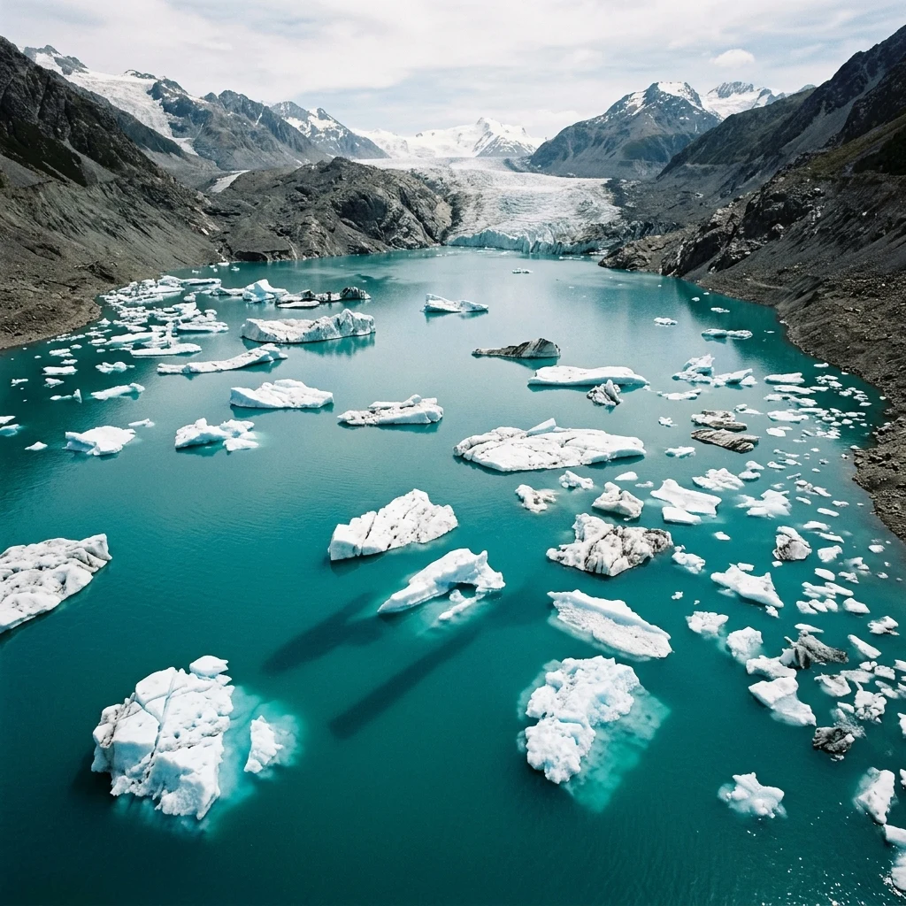 An aerial photograph looking straight down into a deep turquoise glacial lake in the…