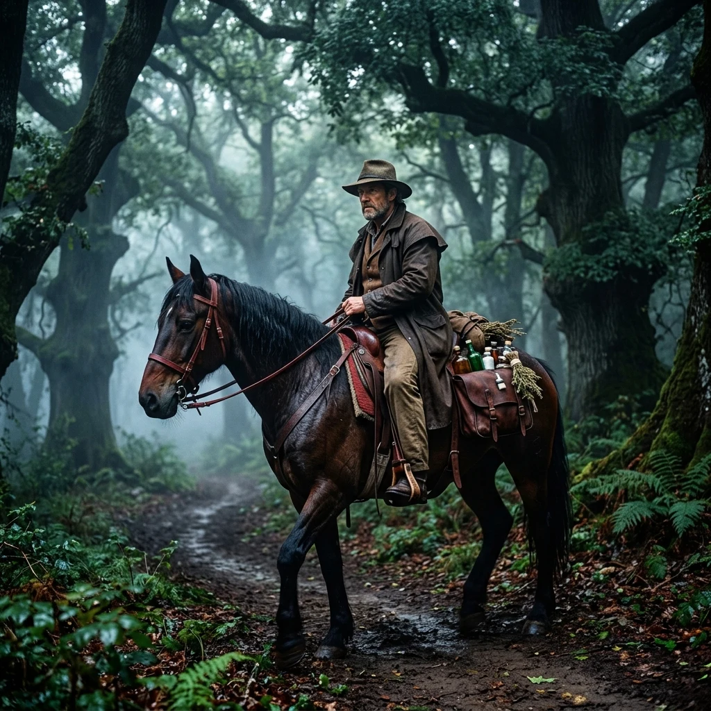 An early frontier doctor riding a horse through a misty oak wood at first light
