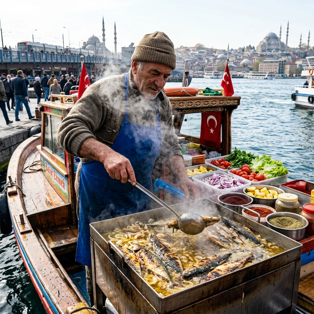 Cooking fresh fish on a harbor boat