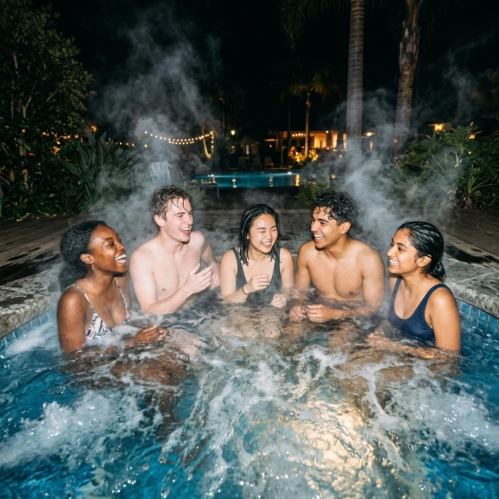 A group of attractive 18 and 19 year olds in a hot tub at night