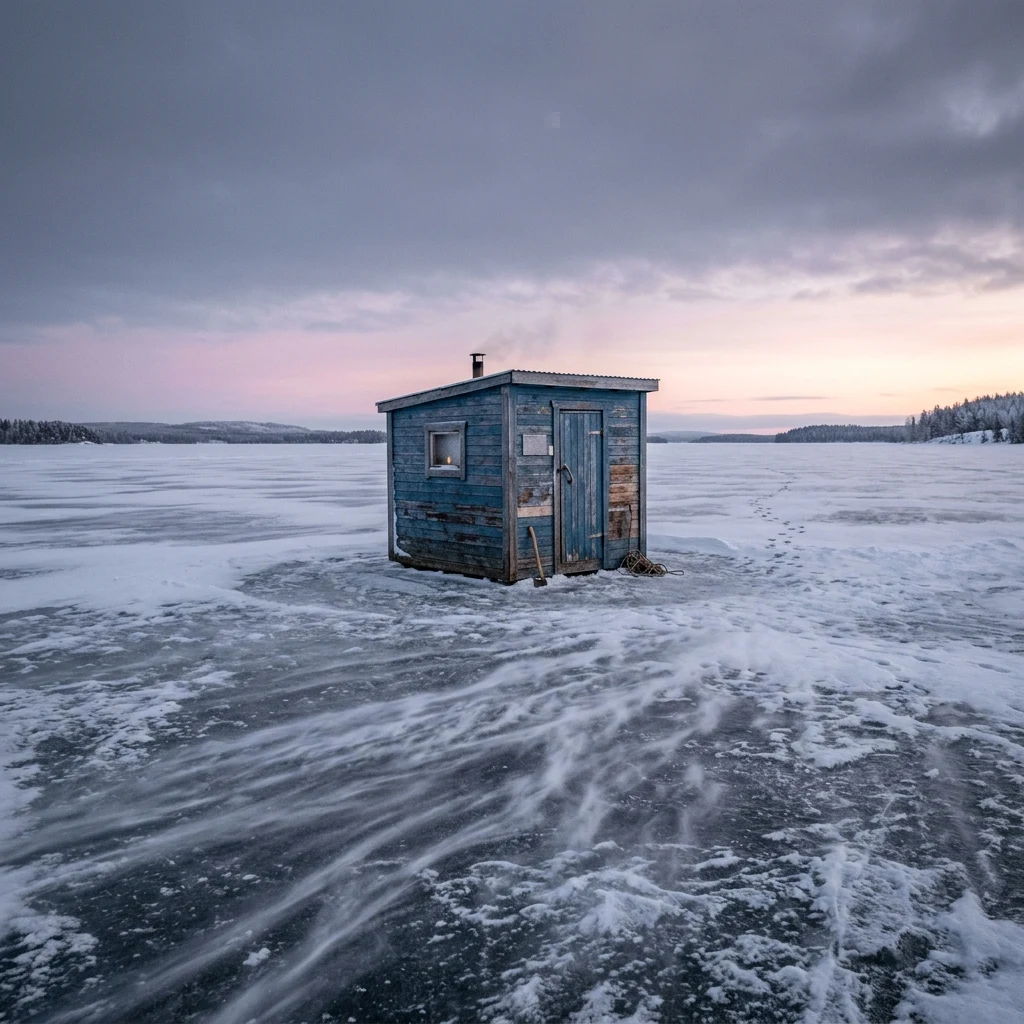 An ice fishing shanty on a frozen lake at dawn
