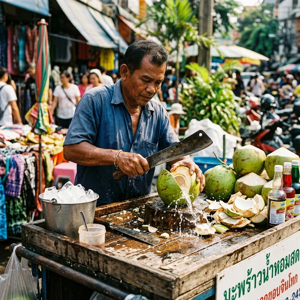A coconut water vendor chopping a fresh green fruit with a machete on a wooden cart in…