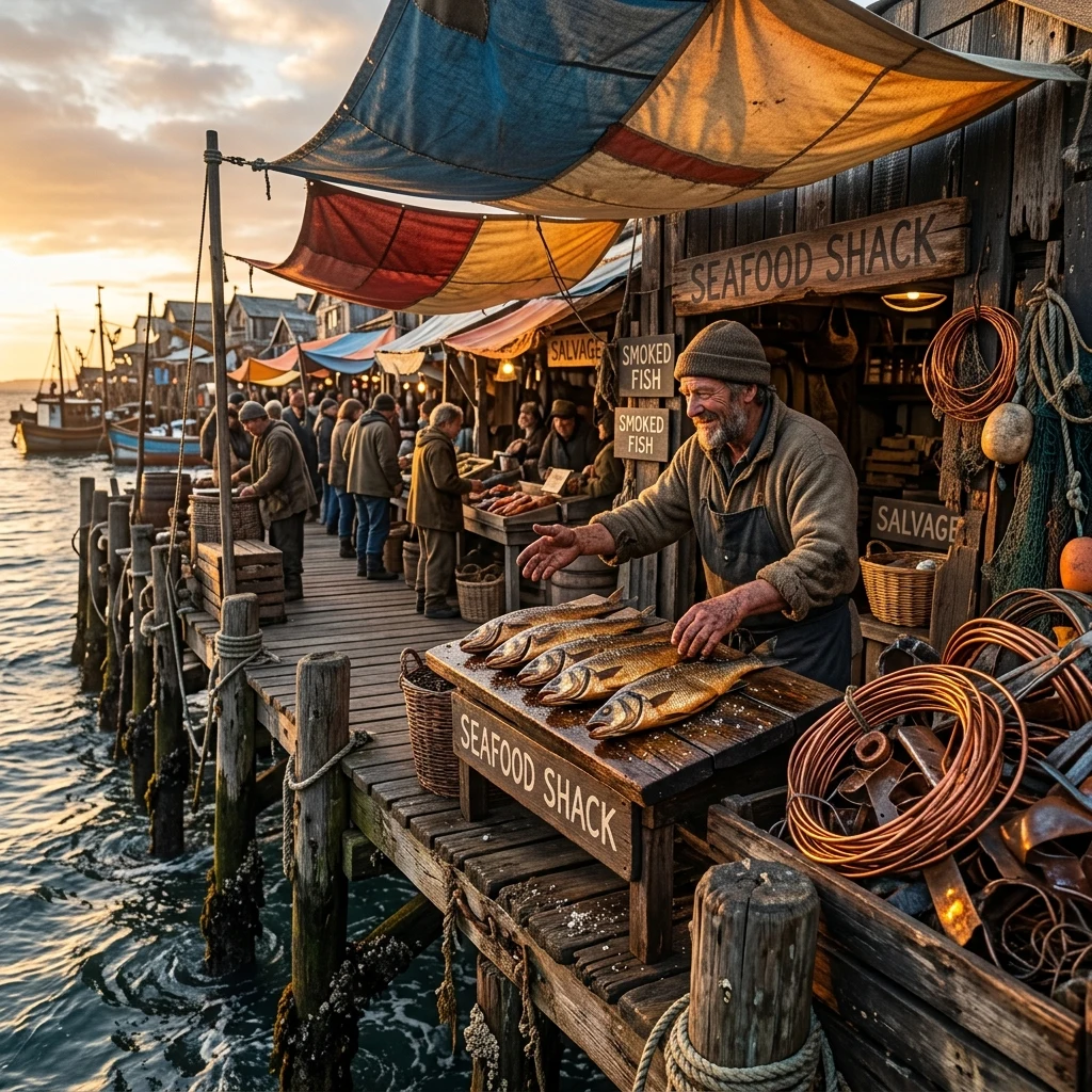 A coastal shanty marketplace built along a decaying wooden pier