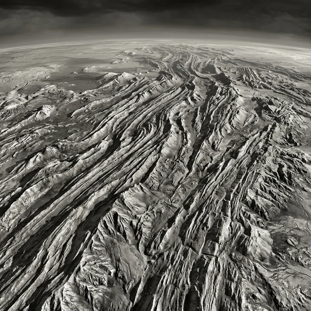 A Magellan radar image render of the ridged mountain belt of Akna Montes on Ishtar Terra