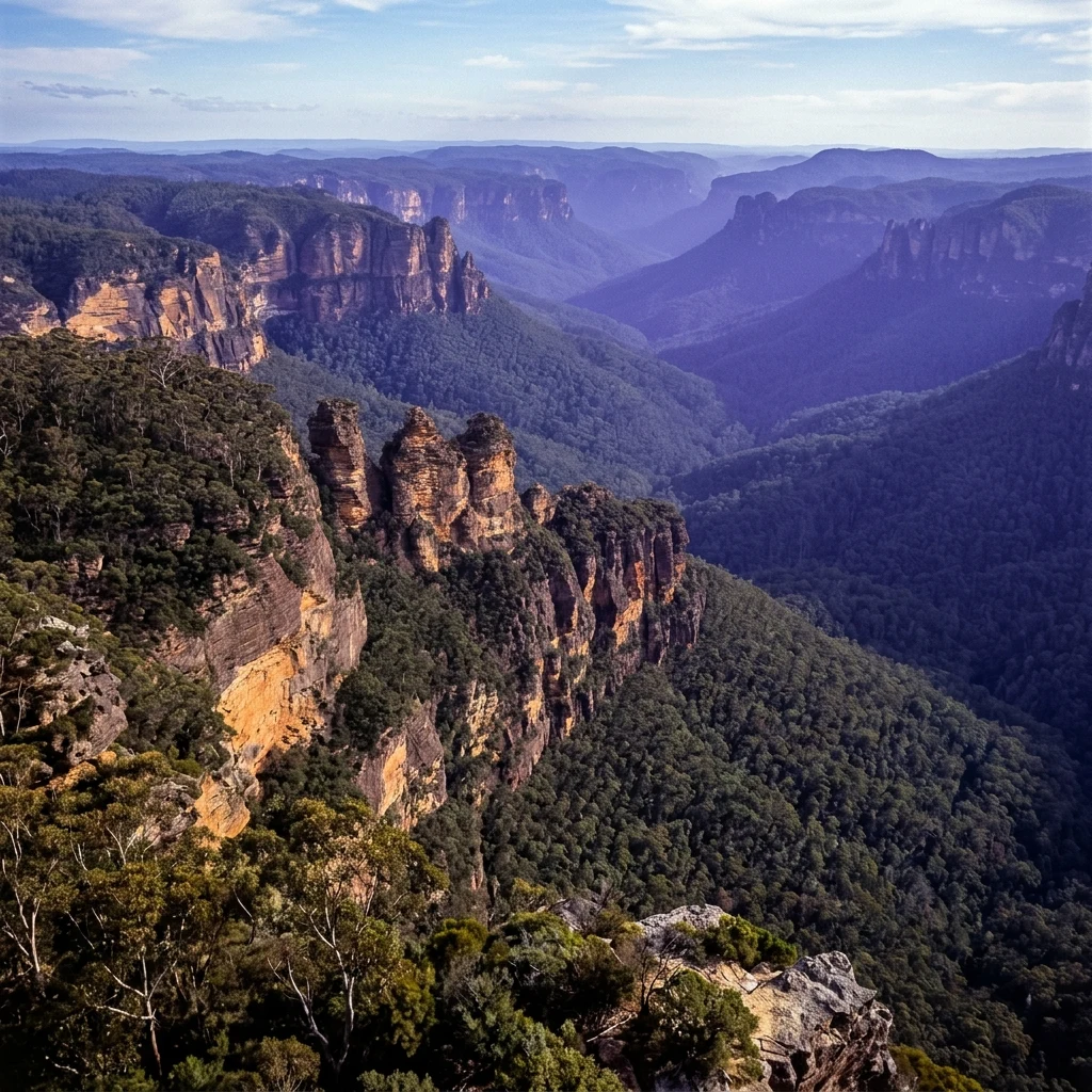 An aerial drone shot of the sheer sandstone cliffs of the Blue Mountains in the Great…