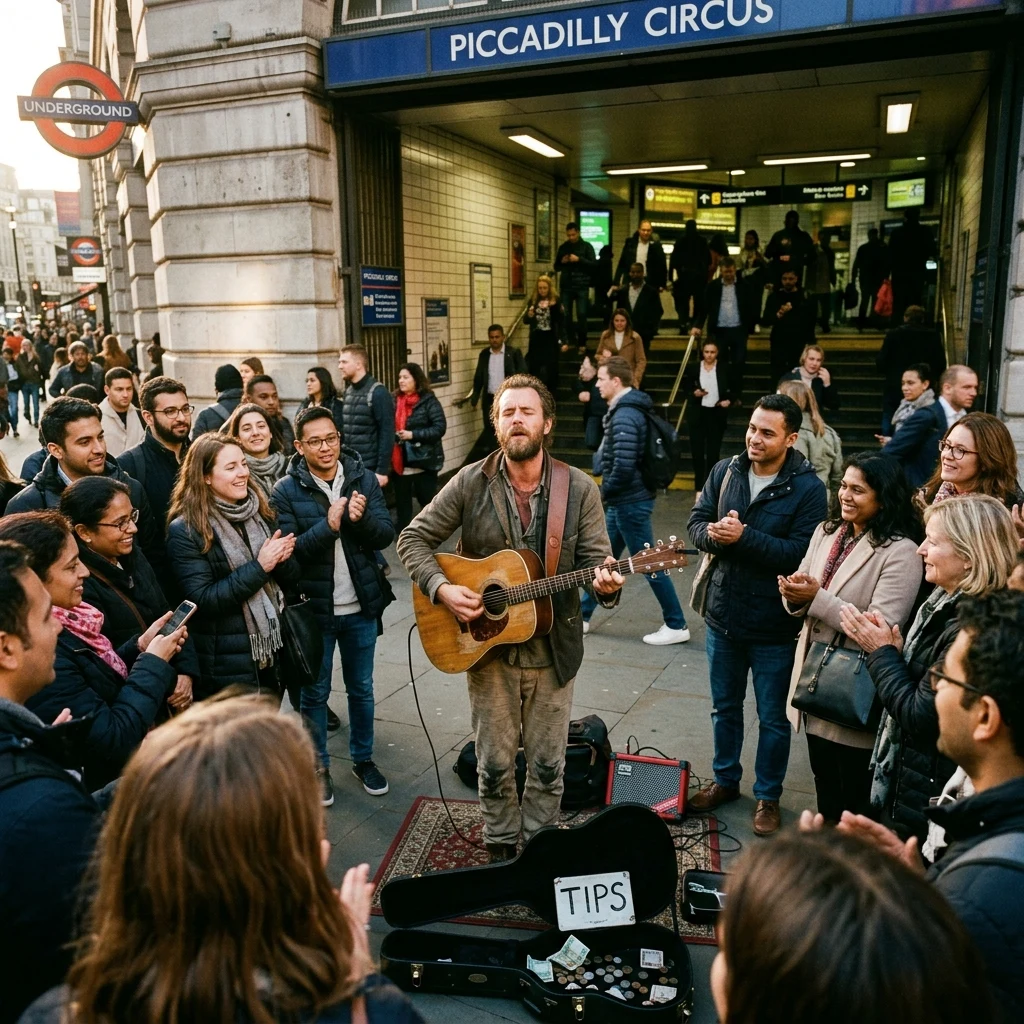 A street musician with a crowd thickening around him at a subway entrance