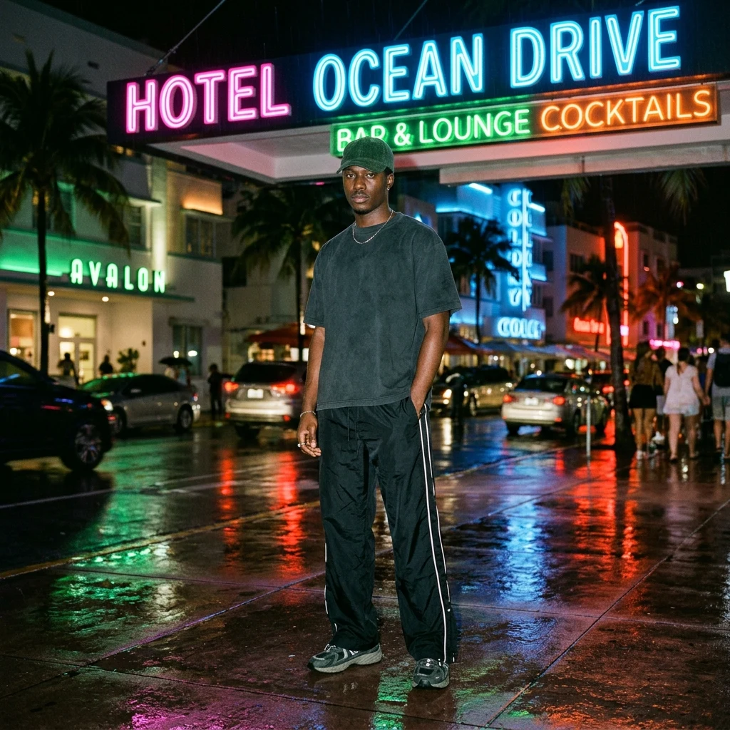Stylish streetwear under neon lights at night