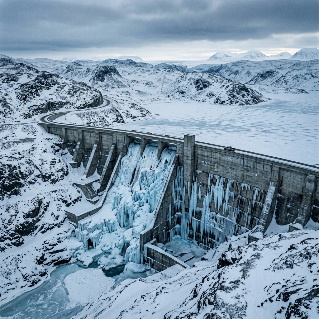 An aerial photograph of a colossal hydroelectric dam frozen solid in a desolate sub-zero…