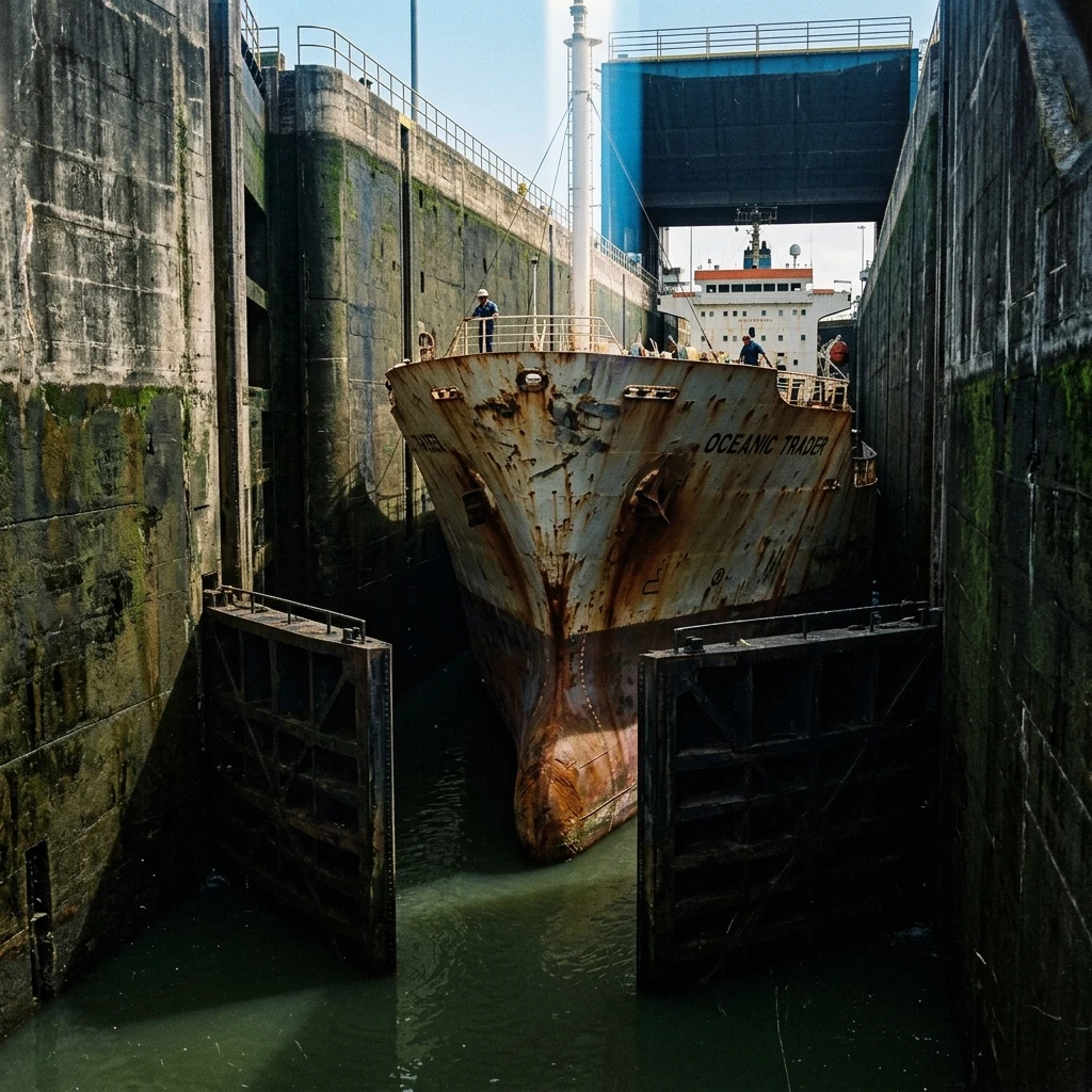 A cargo ship navigating through a massive concrete canal lock