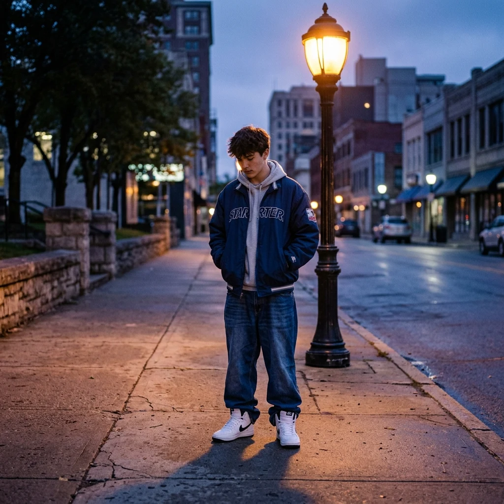 A teenage boy in a boxy starter jacket over a hooded sweatshirt
