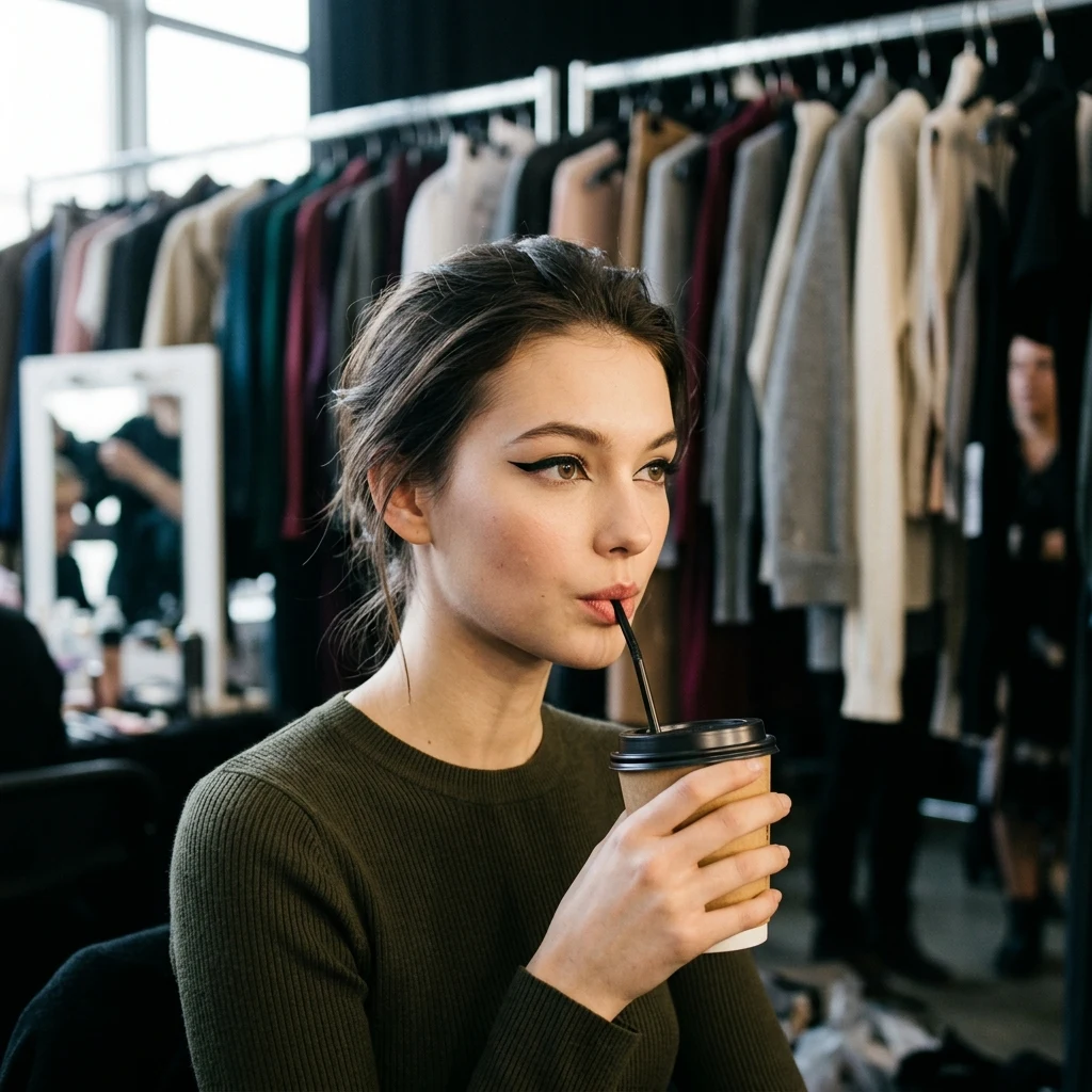 Fashion model sipping coffee in a studio