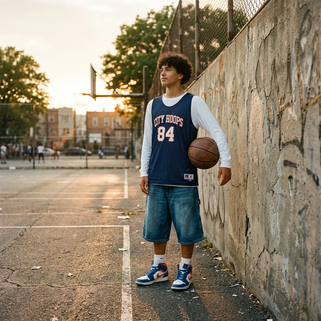 Basketball player at sunset on a concrete court